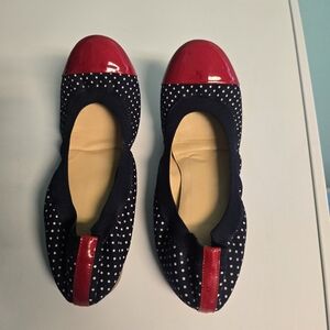 J Crew Navy Polka Dot Ballet Flats with Red